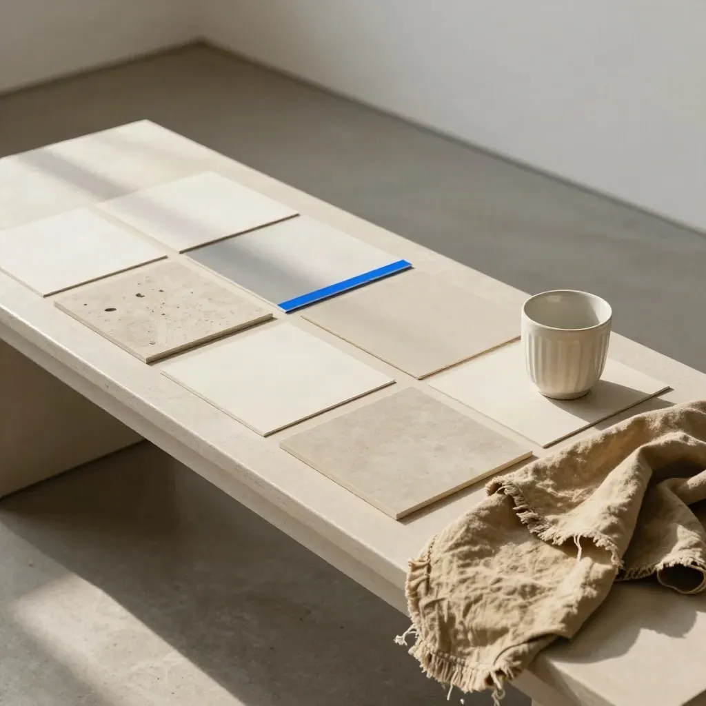Social template boards, ceramic cup, and linen on a gallery bench in moody blue-lit haze.