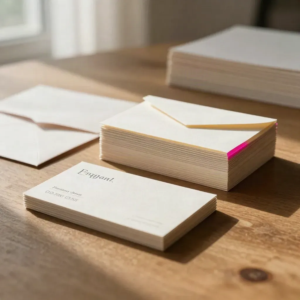Print proofs, business cards, and a slim envelope on a warm oak table with a magenta accent.