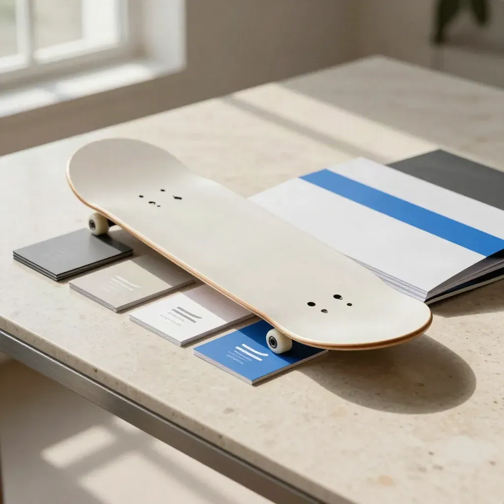 Open brand board with color chips, logo marks, type cards, and folder sleeves on travertine.