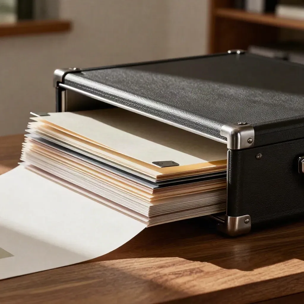 Open archive case with logo proofs, tabbed dividers, and silver-edged cards on a walnut workbench