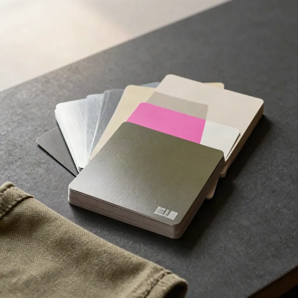 Fanned social post mockups and a folded cloth on a studio worktable with magenta accent