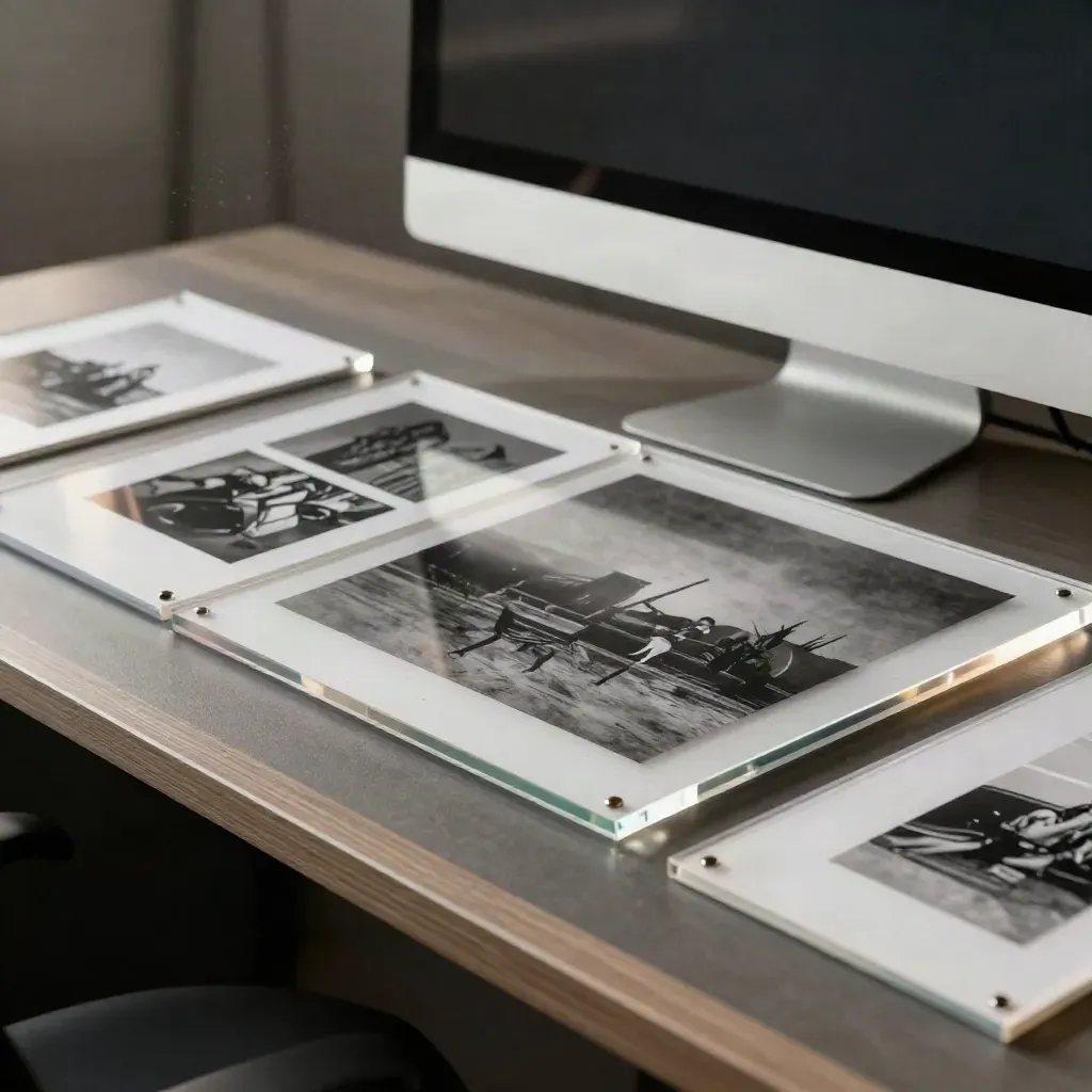 Storyboard slates and frosted acrylic layers on a charcoal studio bench under soft monitor glow.
