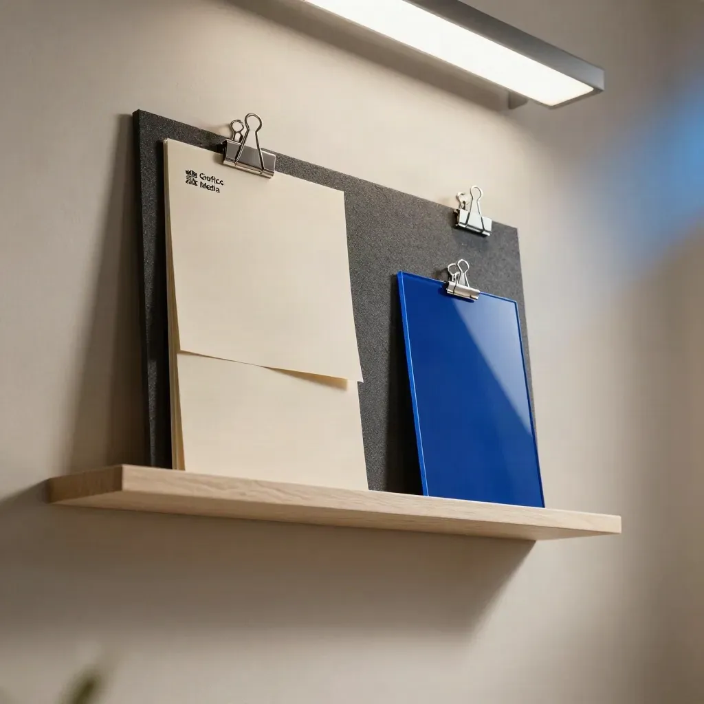 Low-angle studio shelf with layered ad tiles and one askew electric-blue accent.