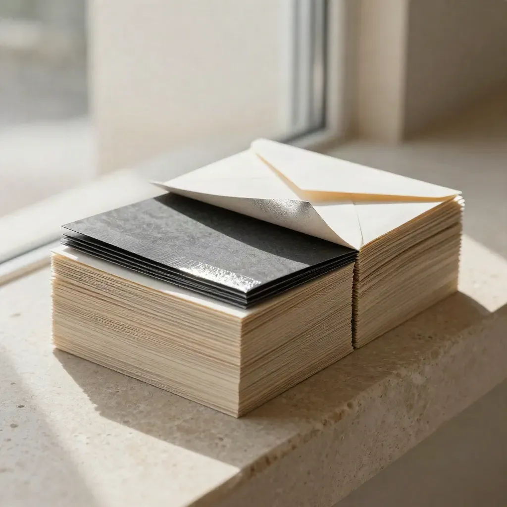 Stacked print proofs, cards, flyers and sleeves on pale stone in warm daylight.