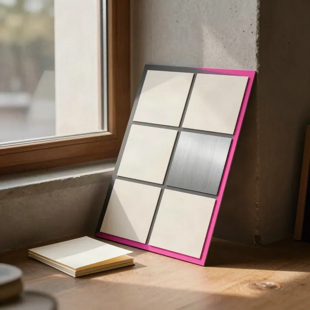 Banner mockup boards, icon tiles, and a folded note card by a sunlit window ledge.