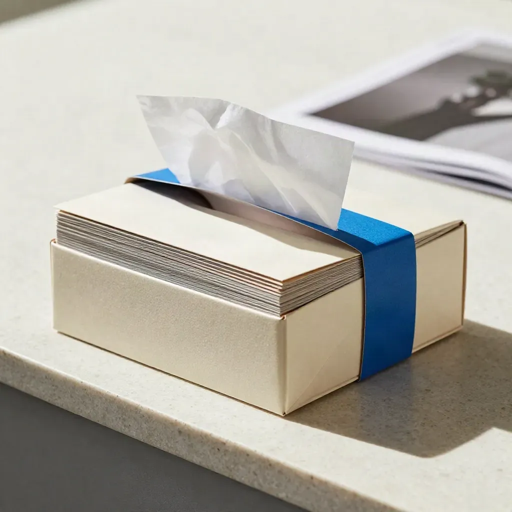 Premium launch graphics package peeking from a soft wrap box on travertine