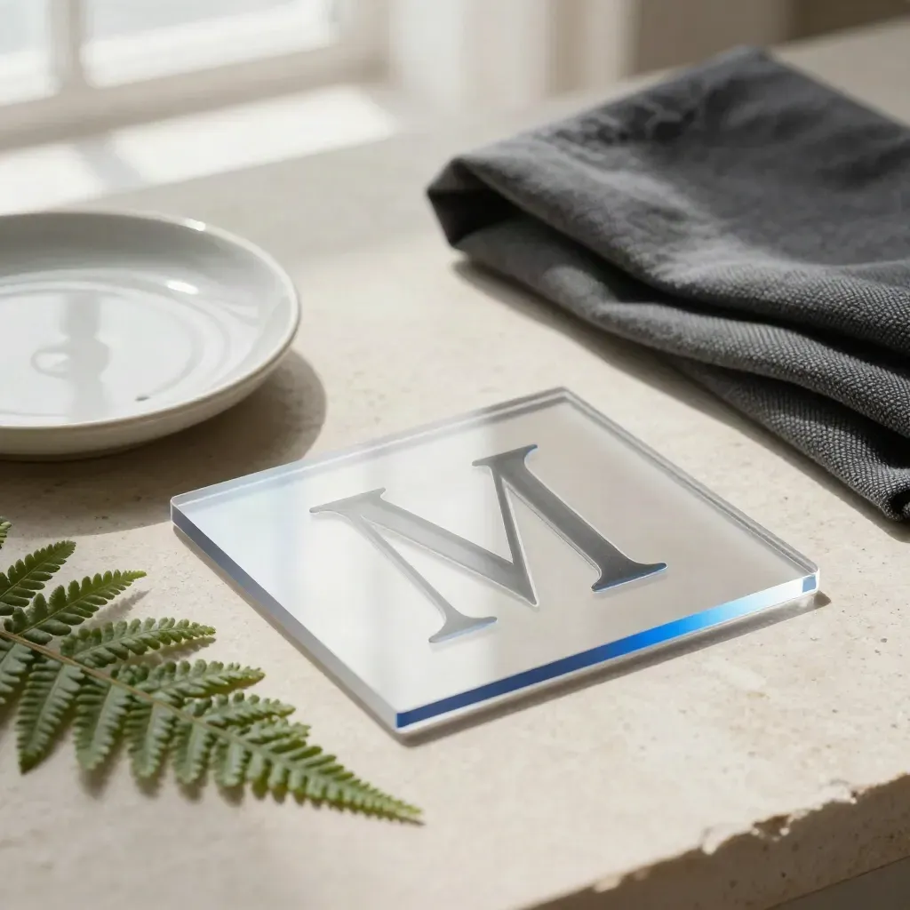 Top-down logo design flatlay with acrylic monogram, ceramic dish, fern leaf, and charcoal cloth