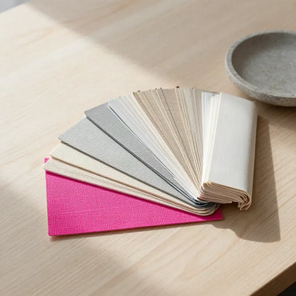 Swatch fan, linen sample cards, and stone dish on pale wood in soft daylight.