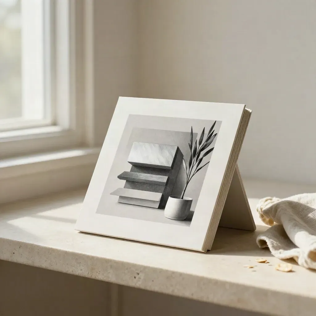 Stacked square social graphic mockups on a limestone shelf with a stem and folded cloth.