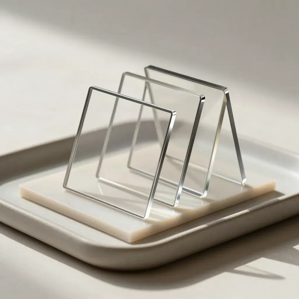 Transparent acrylic motion frames on a frosted tile and ceramic tray, lit softly on plaster.