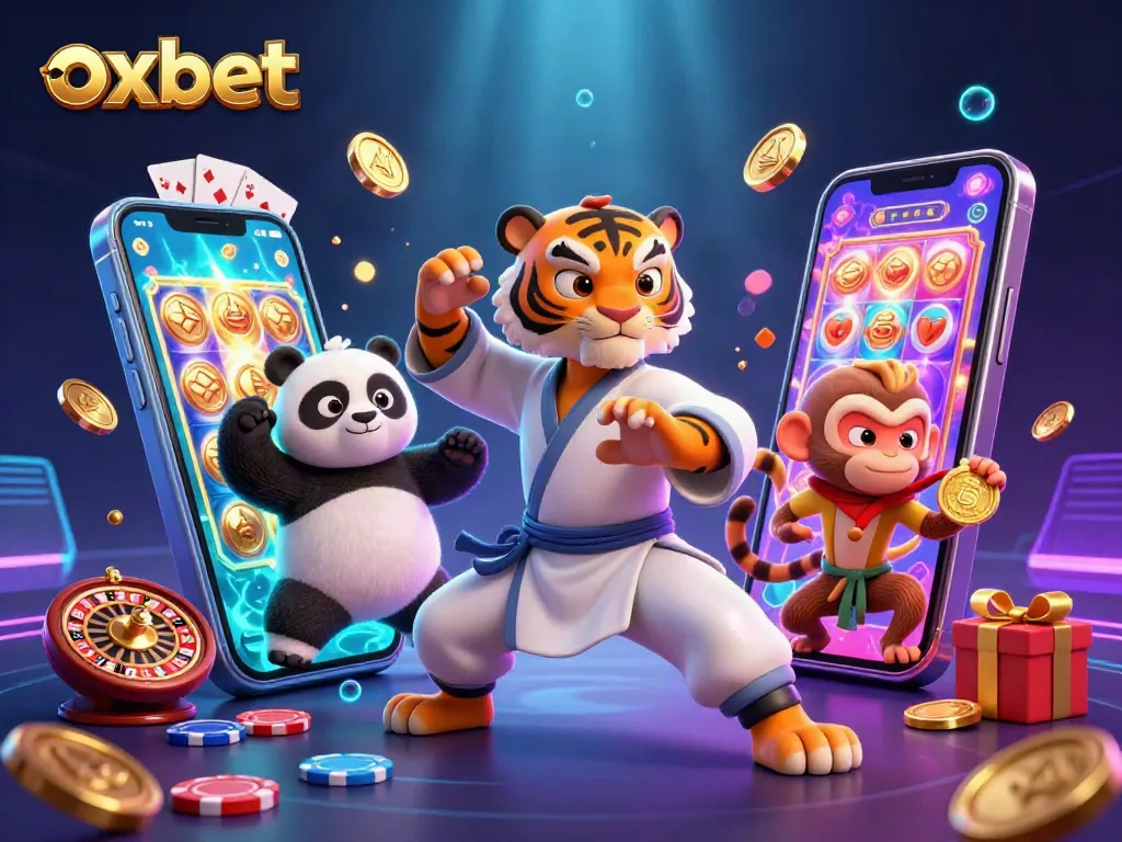 Experience the exhilaration of oxbet with a vibrant casino scene featuring a kung fu tiger, playful panda, and cheeky monkey.