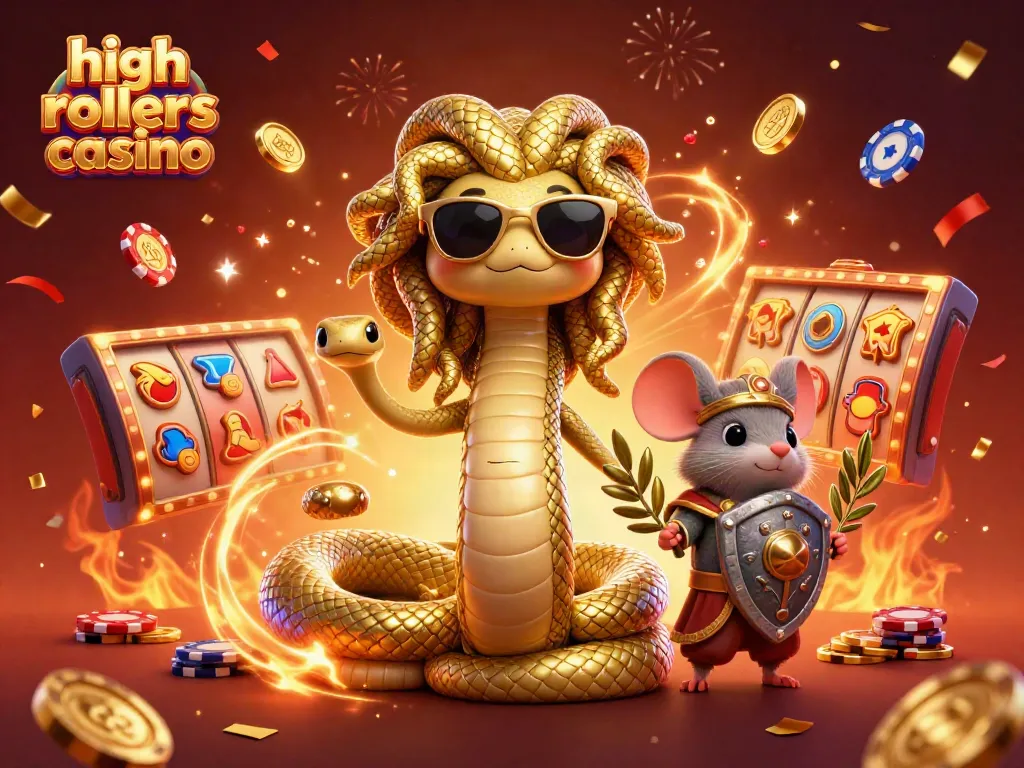 Engage in thrilling high rollers casino action with vibrant slot reels and exciting characters in a lavish environment.