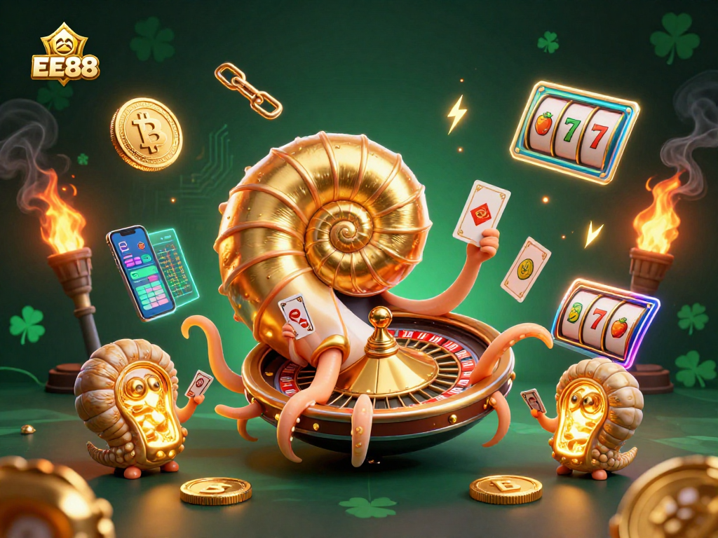 Engage with the EE88 casino experience through vibrant 3D digital illustration showcasing elements like roulette wheels and crypto coins.
