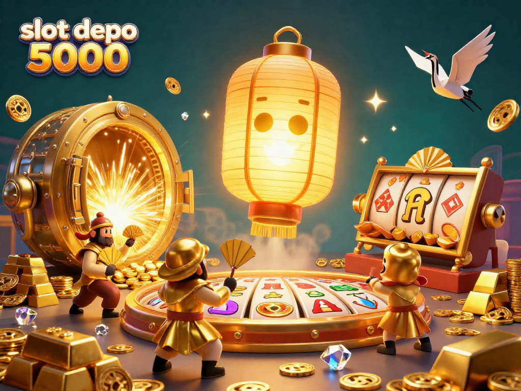 Engage with the excitement of slot depo 5000 featuring whimsical characters and vibrant gaming symbols in a dynamic casino setting.