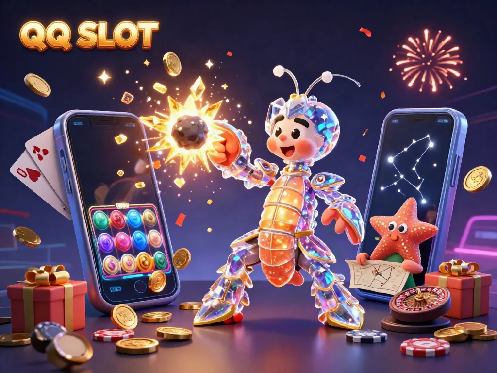Engage with the thrilling QQ SLOT experience, showcasing a galactic samurai mantis shrimp amidst dazzling slot game elements.