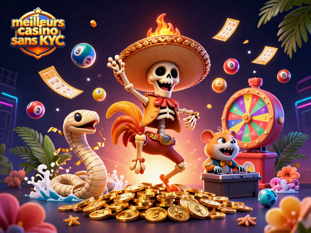 Vivez l'excitation des meilleurs casino sans KYC avec des personnages animés entourés de jeux de loterie vibrants.