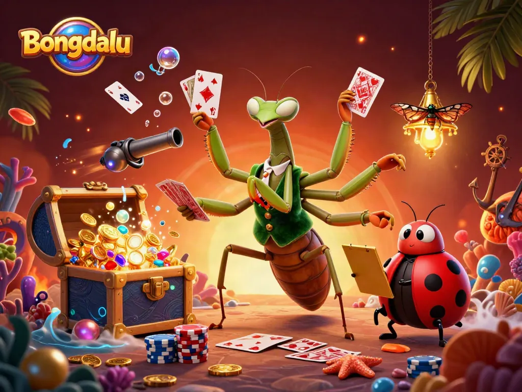 Bongdalu brings high-energy gambling action with a cartoon mantis dealer and ladybug pit boss in a vibrant casino scene.