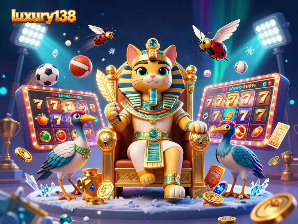 luxury138 menampilkan kucing firaun kartun dalam ilustrasi 3D yang mewah di kasino