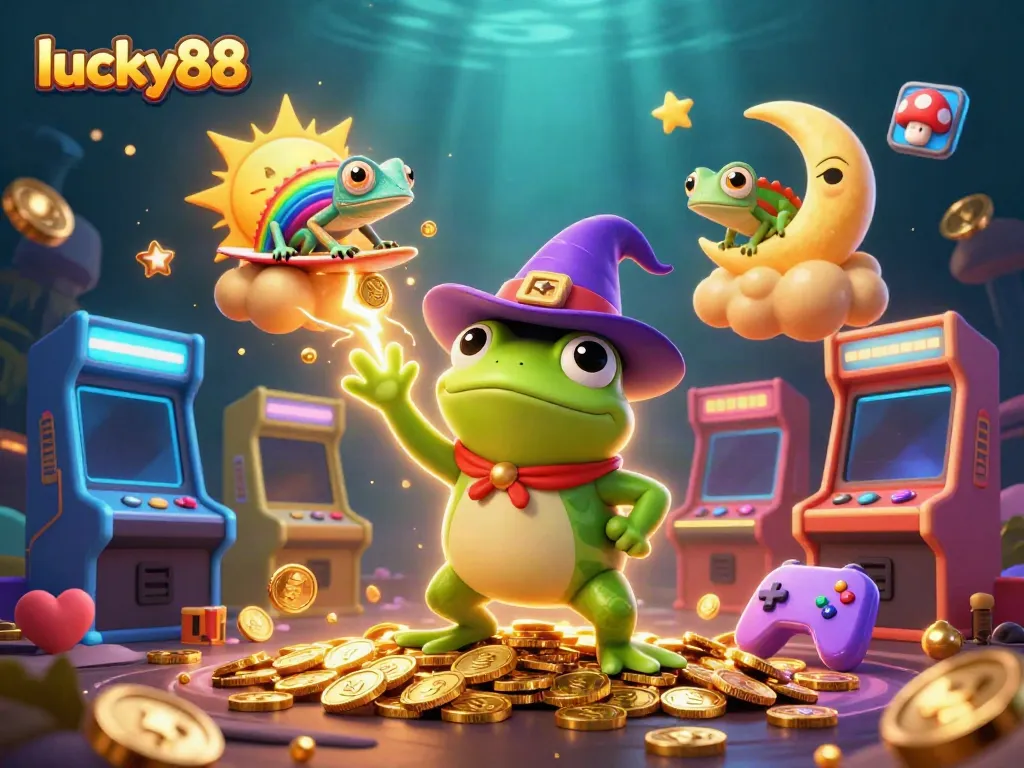 Join the lucky88 adventure with a wizard frog and chameleon in a vibrant casino world creating excitement.