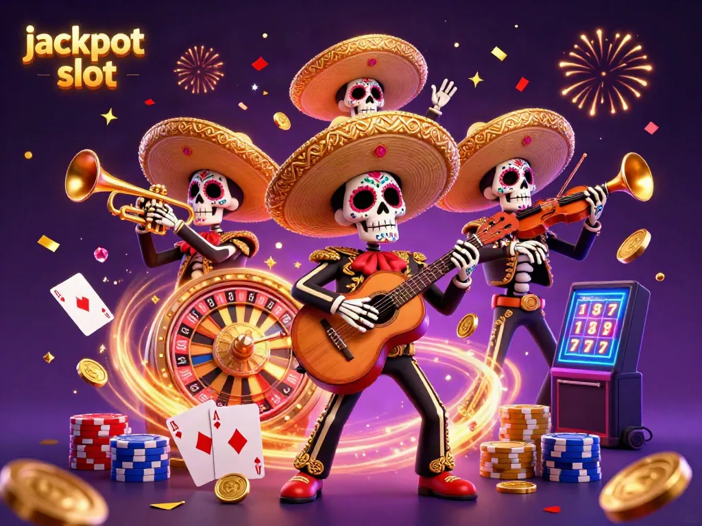 Experience the excitement of jackpot slots with a vibrant Day of the Dead mariachi band, golden coins, and sparkling gems.