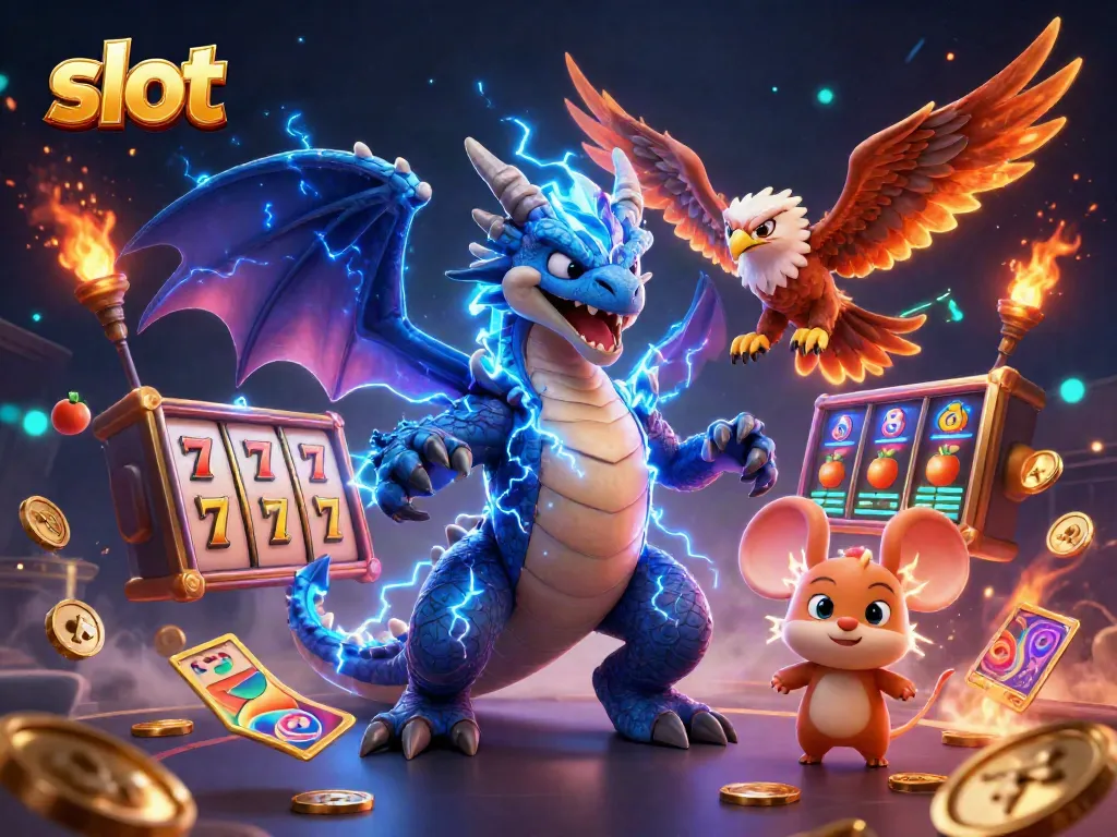 Slot mesin dengan karakter kartun dan elemen kasino yang kaya, menggoda pemain.