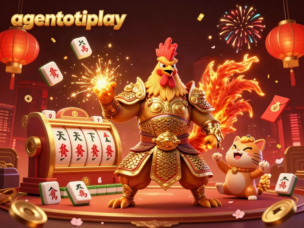 Engage with the exciting agentotoplay gaming universe, featuring a dynamic rooster warrior and dragon amidst vibrant gambling elements.