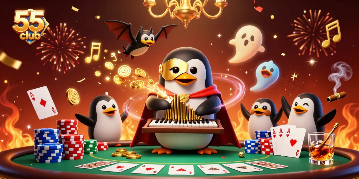 Experience the excitement of 55club with a penguin hosting a dynamic casino scene.