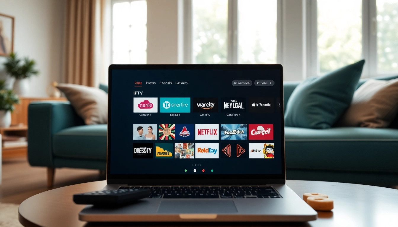 Experience free trial iptv on a modern living room setup featuring a sleek laptop display.