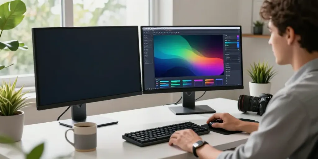 AI copywriting platform in a modern workspace with dual monitors and digital tools.