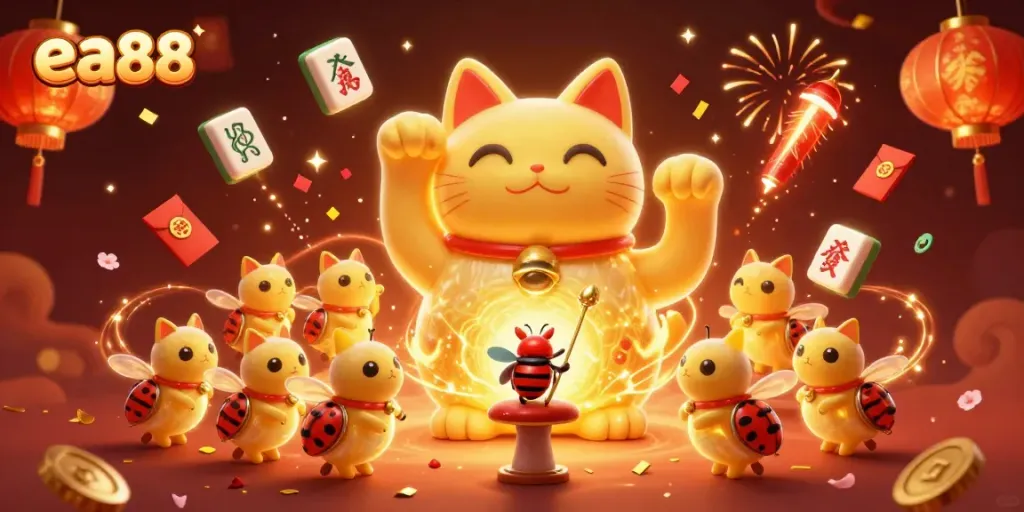 Chơi trò chơi casino vui vẻ với ea88, hình ảnh ngọc hoàng cat và các biểu tượng may mắn.