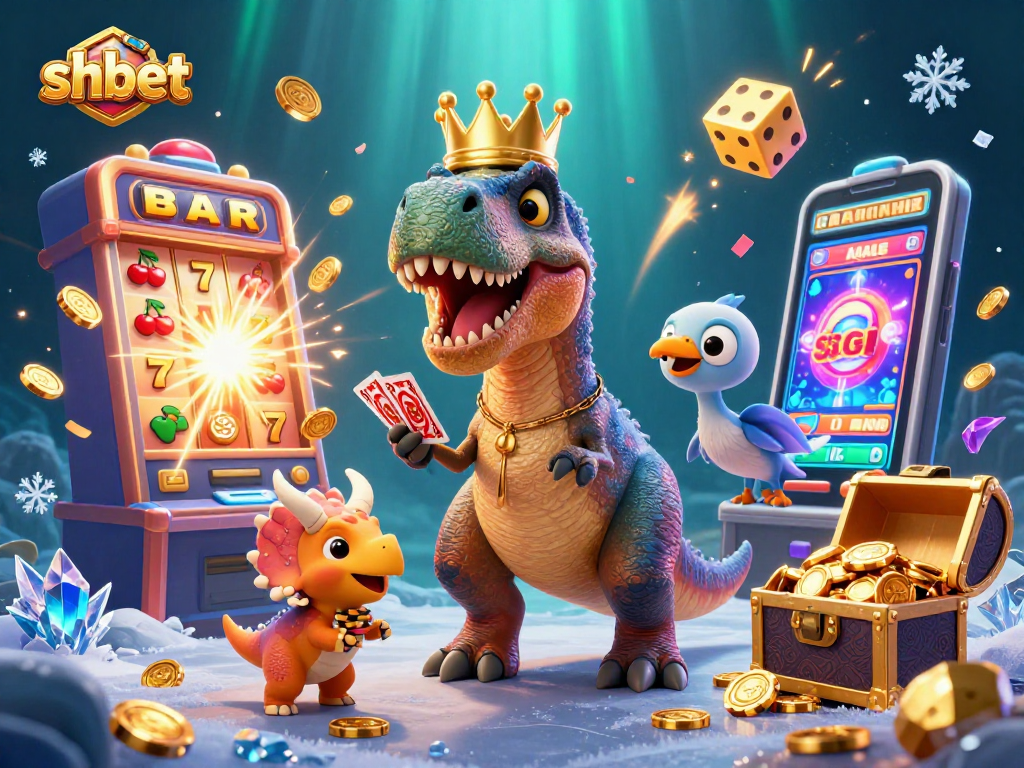 Engage with vibrant shbet casino excitement featuring a T-Rex shuffling cards and golden chips.