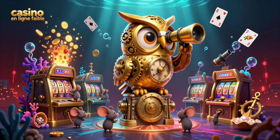 Gagnez au casino en ligne fiable avec une illustration d'un hibou doré scrutant des machines à sous.