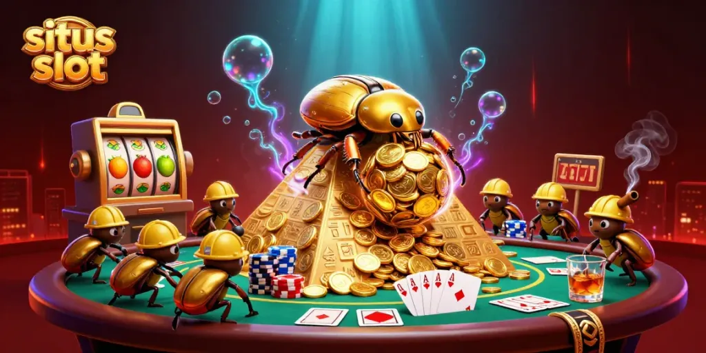 Ilustrasi situs slot menampilkan kumbang emas besar yang menggulung koin emas di piramida, dikelilingi elemen kasino menarik.