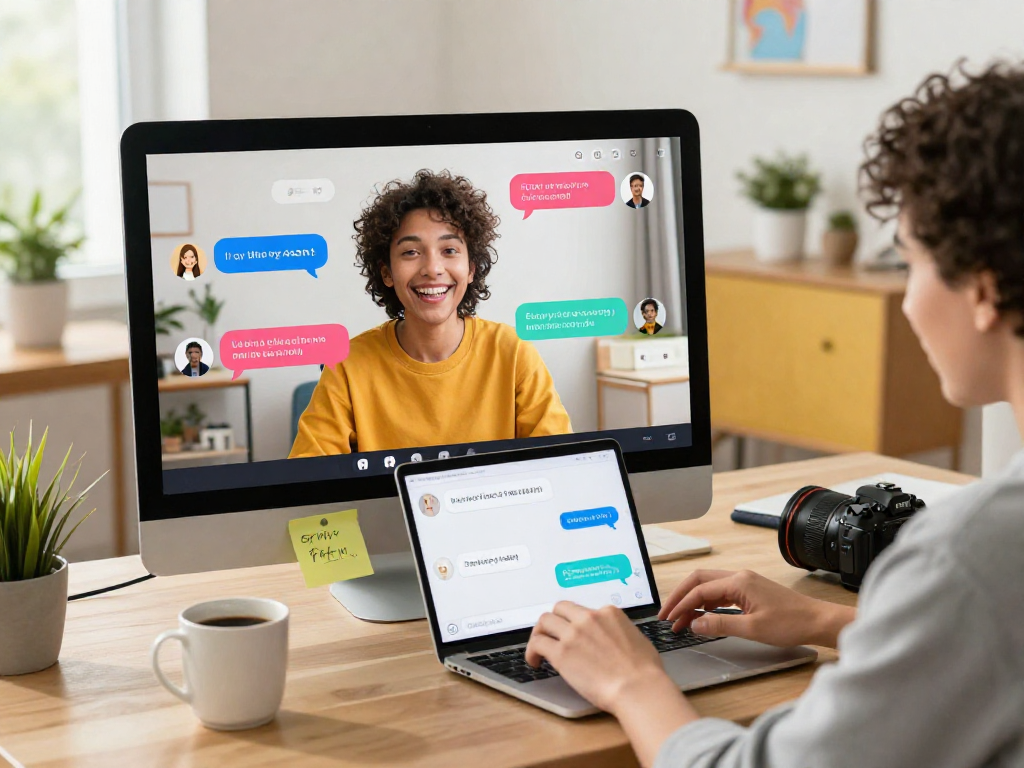 Users engaging with spicy chat AI on laptops and smartphones in a vibrant home office.