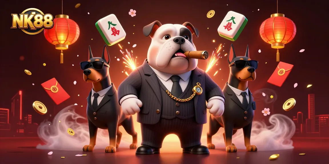 Engage with NK88 through a thrilling 3D casino scene featuring a mafia bulldog and bodyguard Dobies.