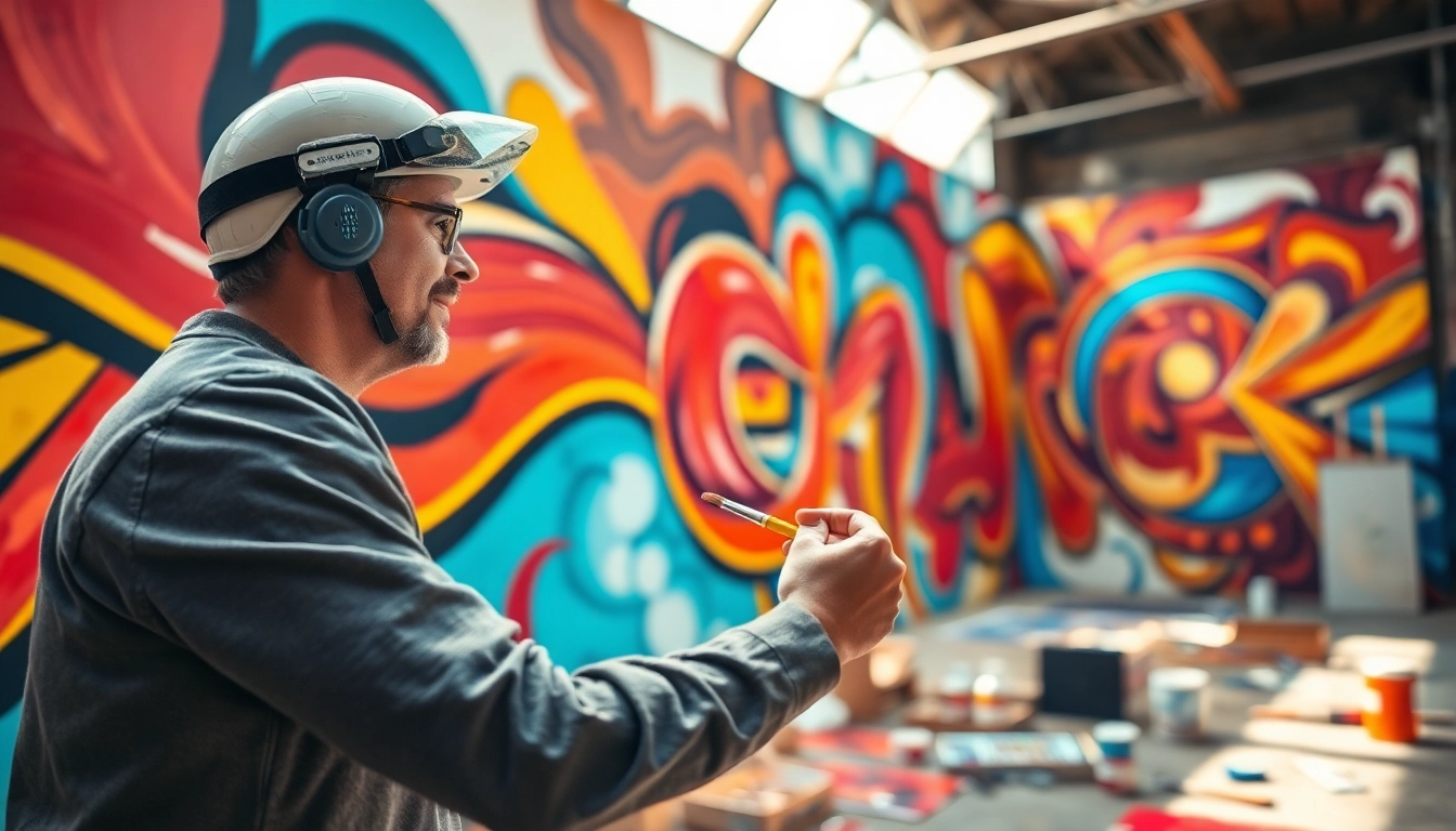 Artist creating a commercial painting mural with vibrant colors and creative designs.