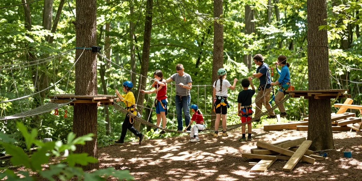 Family working on a Rope Bridge design in a woodland setting, surrounded by trees and tools.