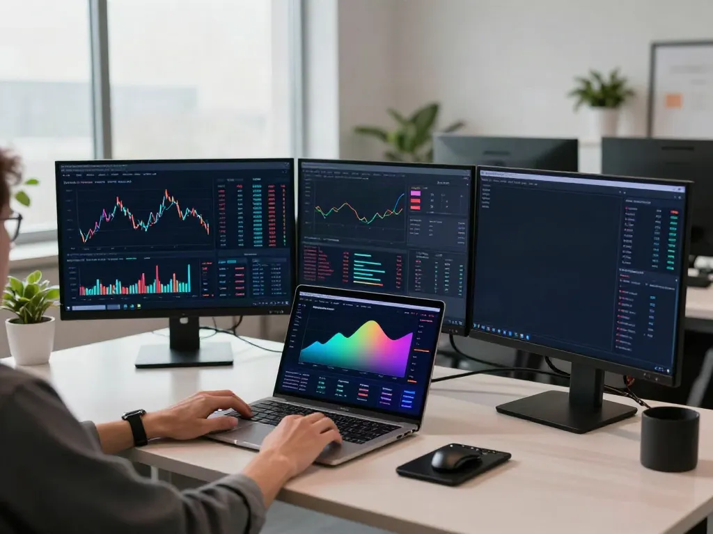 Real-time 日本株 株価 API trading on multiple monitors in a modern cryptocurrency workspace.