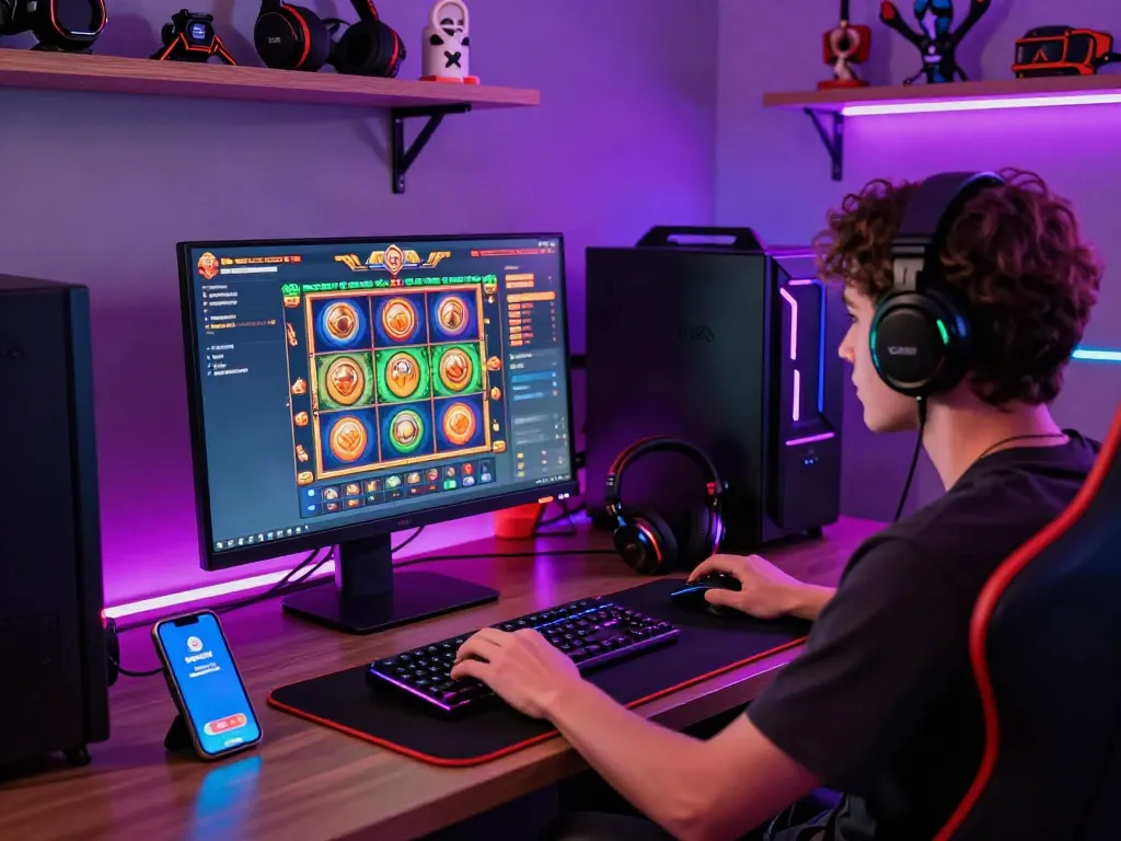 Engaging gaming setup featuring slot resmi interface on screen with dynamic LED lighting.