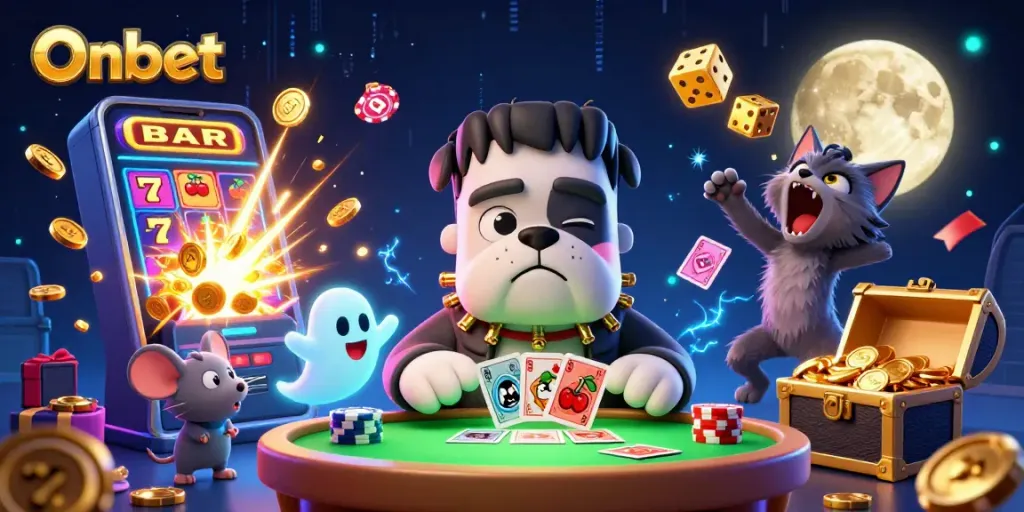 Engage in thrilling gameplay at Onbet with lively casino characters and vibrant game elements.