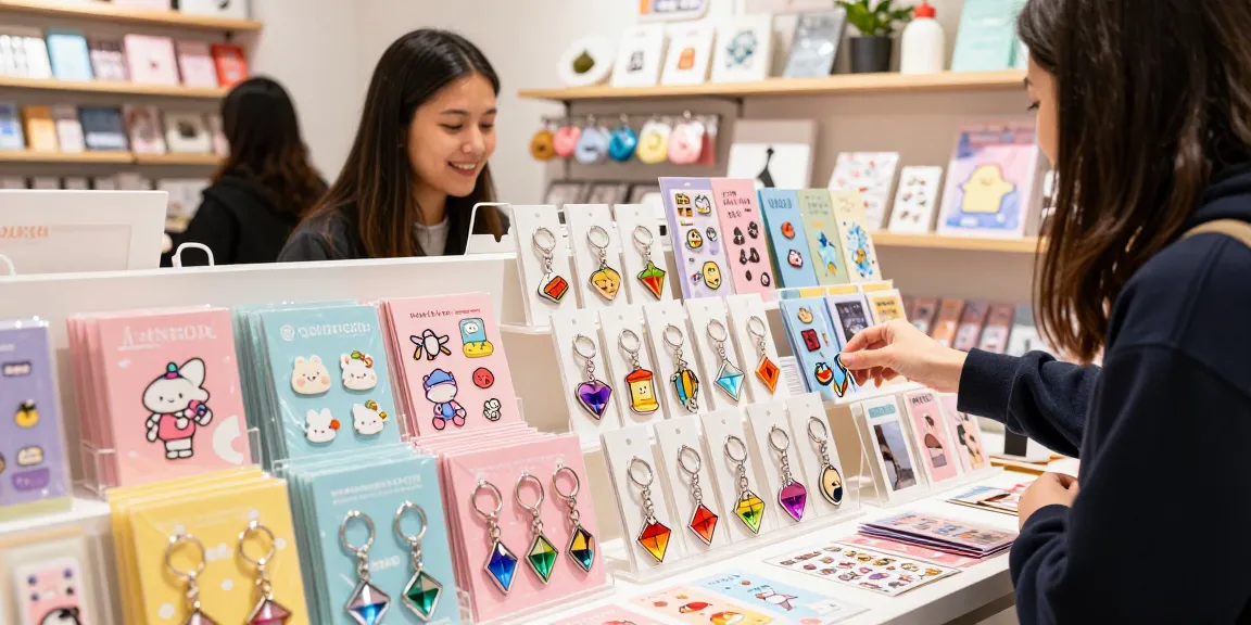 Custom Acrylic Diamond Keychain displayed in a vibrant retail setting showcasing products and engaging atmosphere.