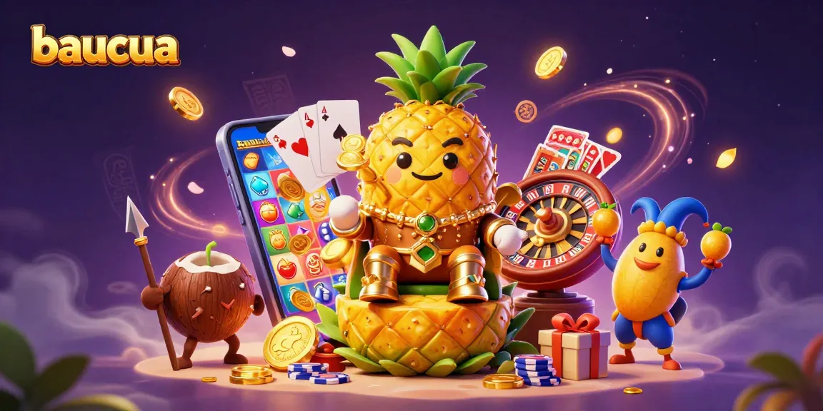 Baucua game scene featuring a golden pineapple king and playful jester among dazzling casino elements.