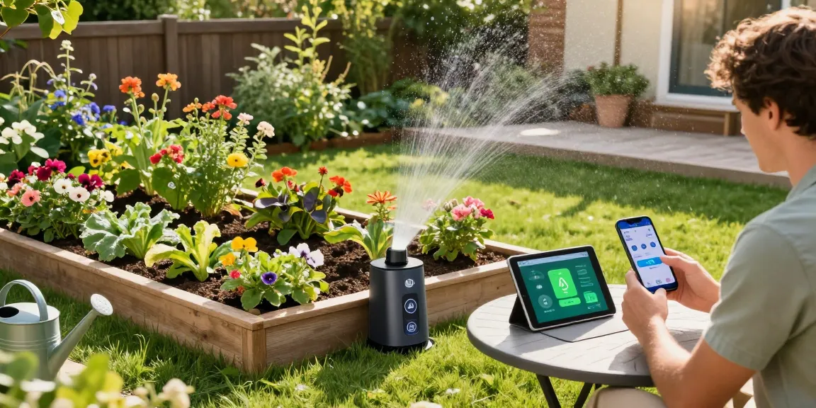 Rainpoint smart sprinkler controller in a lush garden, homeowner checking irrigation schedule with smartphone.