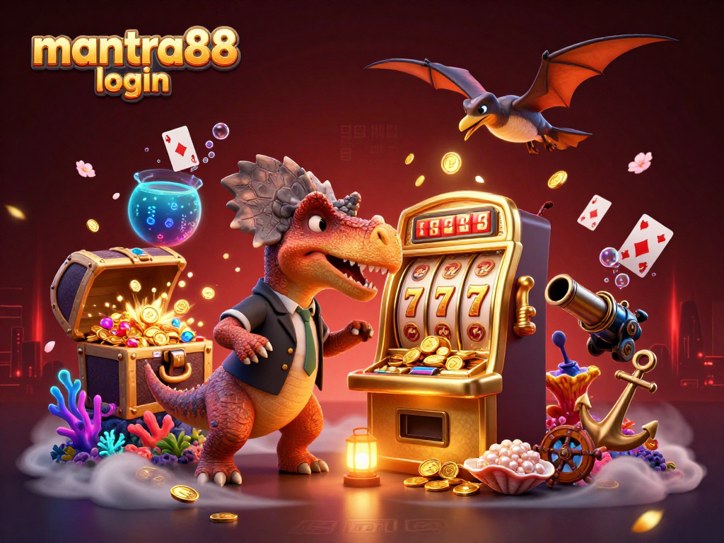 Experience mantra88 login dynamic excitement with cartoon dinosaurs winning slots and catching gold coins.