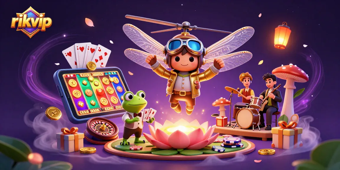 Experience the magic of rikvip at a lily pad casino with lively characters and vibrant game elements.
