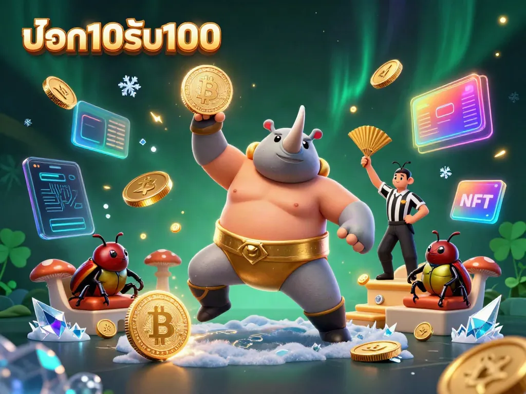 ภาพการ์ตูน 3D ฝาก10รับ100 ที่สื่อถึงการเล่นคาสิโน ด้วยแมลงในชุดซูโม่ที่กระโดดสร้างเหรียญทอง