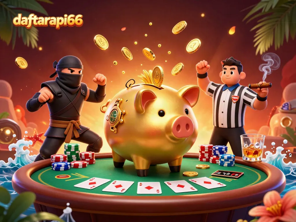 Engage with daftarapi66's vibrant thrill, watching a sumo piggy bank wrestler in action amidst a dynamic poker showdown.