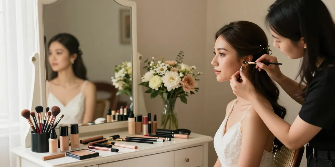 Trucco sposa: makeup artist che prepara una sposa con prodotti di bellezza e fiori in un ambiente luminoso.