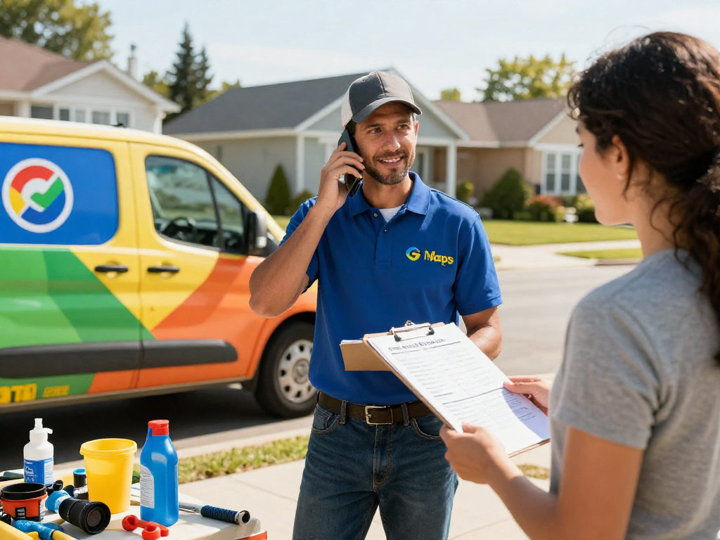 Local home-service business professional demonstrating Google Maps SEO services, engaging with customers in a vibrant neighborhood.