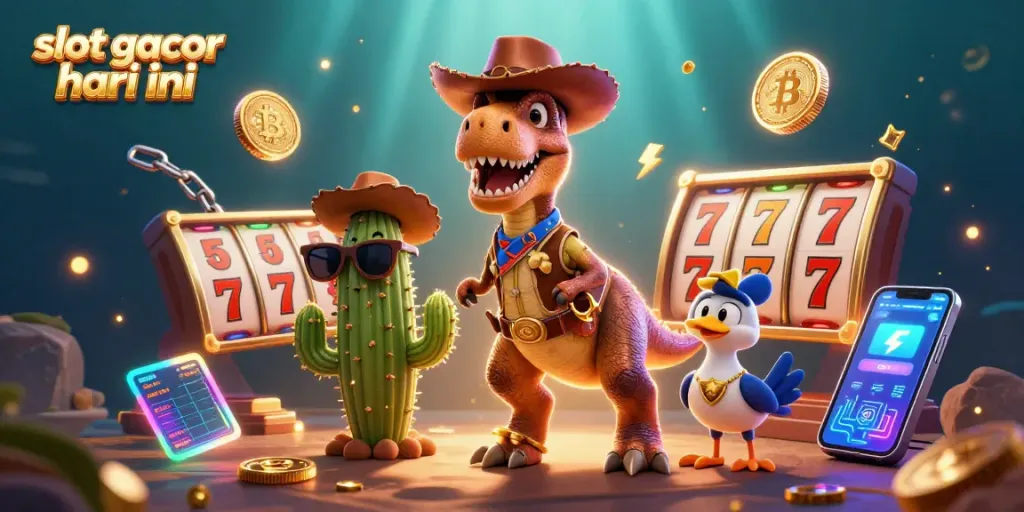 Menghadirkan slot gacor hari ini melalui ilustrasi 3D dengan karakter dinosaurus T-Rex, kaktus, dan burung roadrunner.